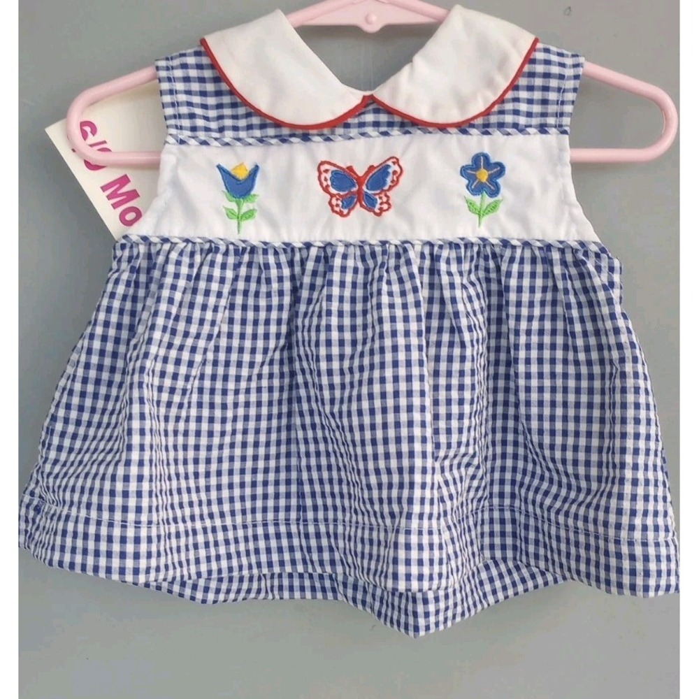 NWT Vintage Baby Dress Small‎ Steps 6-9 mos Primary Colors Gingham Butterflies